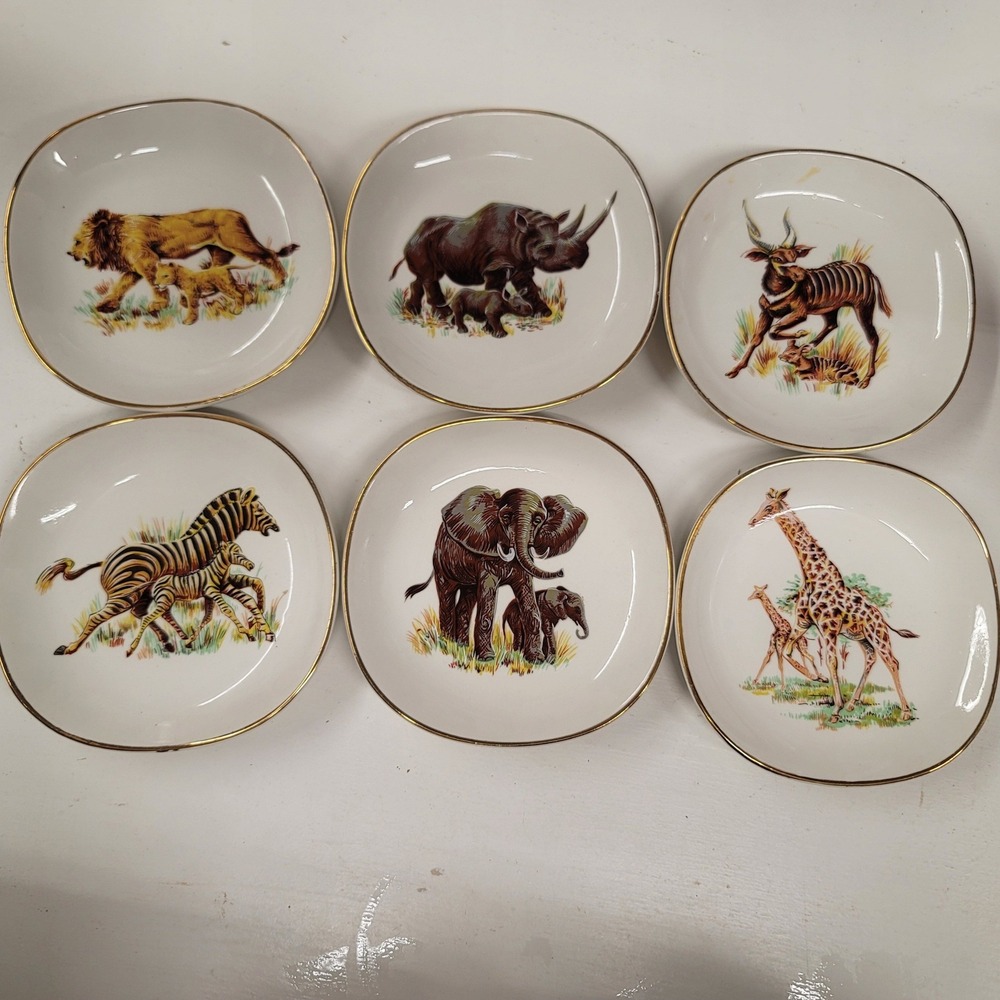 VTG Wetherby Hanley Falcon Ware Ceramic Plates Set/6 African Animals‎ Gold Trim